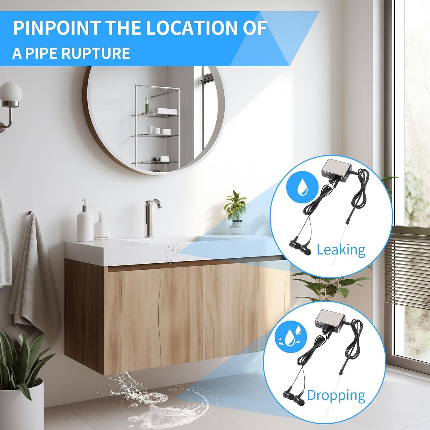 Water Leakage Detector, Underground Water Pipe Leak Detector Monitor with Intelligent High Sensitivity for Site Construction, Car Maintenance and Pipeline Locator