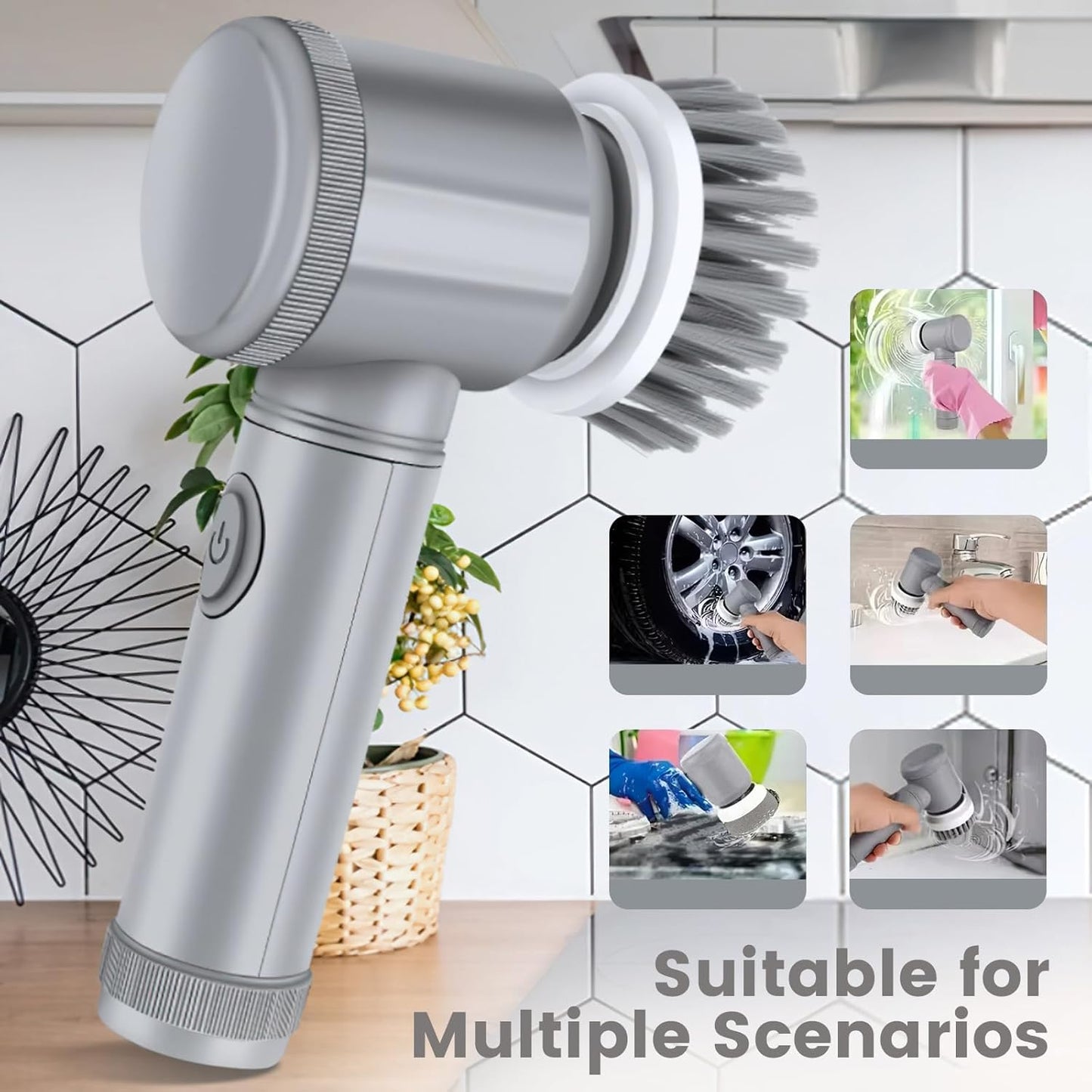 Electric Spin Scrubber, Cordless Bathroom Cleaning Brush IPX6 Waterproof with 6 Replaceable Heads, Power Scrubber for Bathtub, Tiles, Car Wash, Kitchen & Multi-Surface Home Cleaning