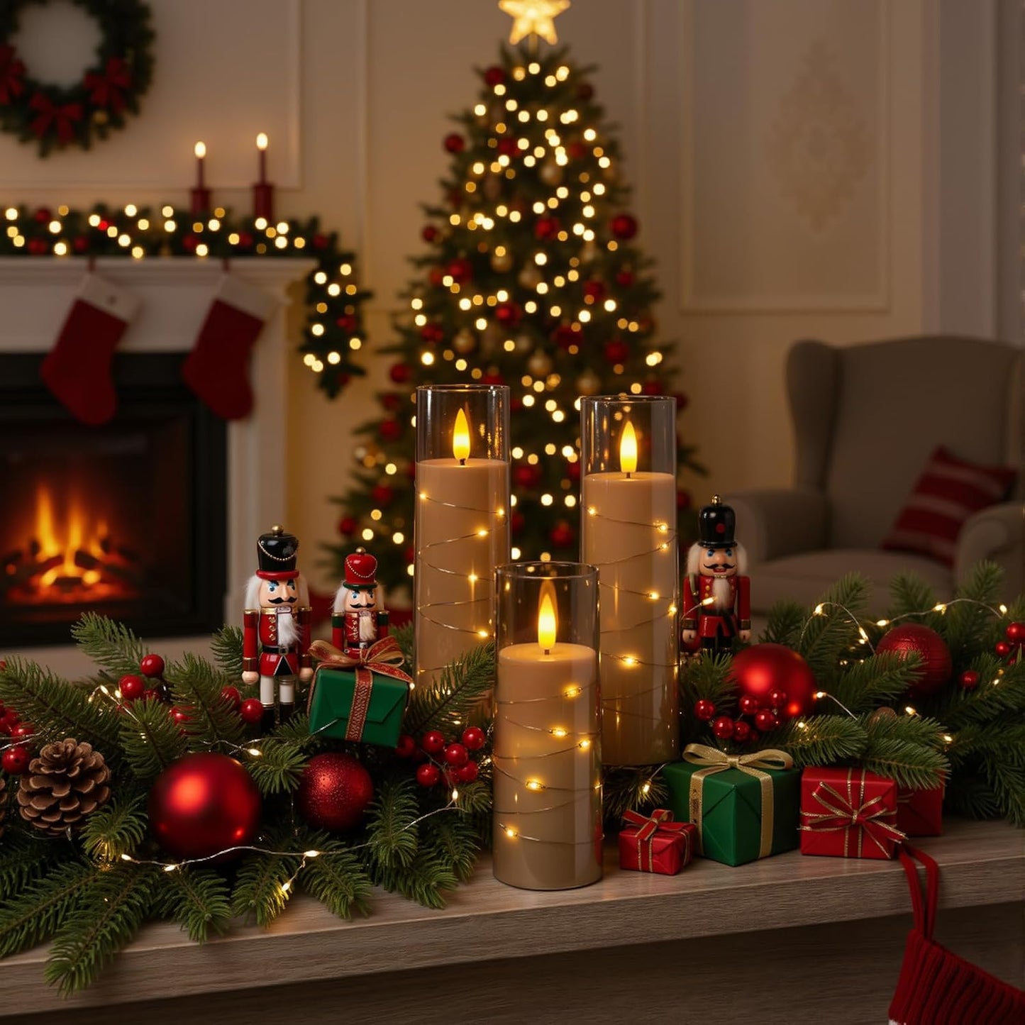 Raycare Flameless Candle with Remote Timer, 3 Flickering Acrylic Battery Operated LED Pillar Candles with Embedded Star String for Christmas, Wedding, Home Table Decor, and as a Gift (Ivory White)