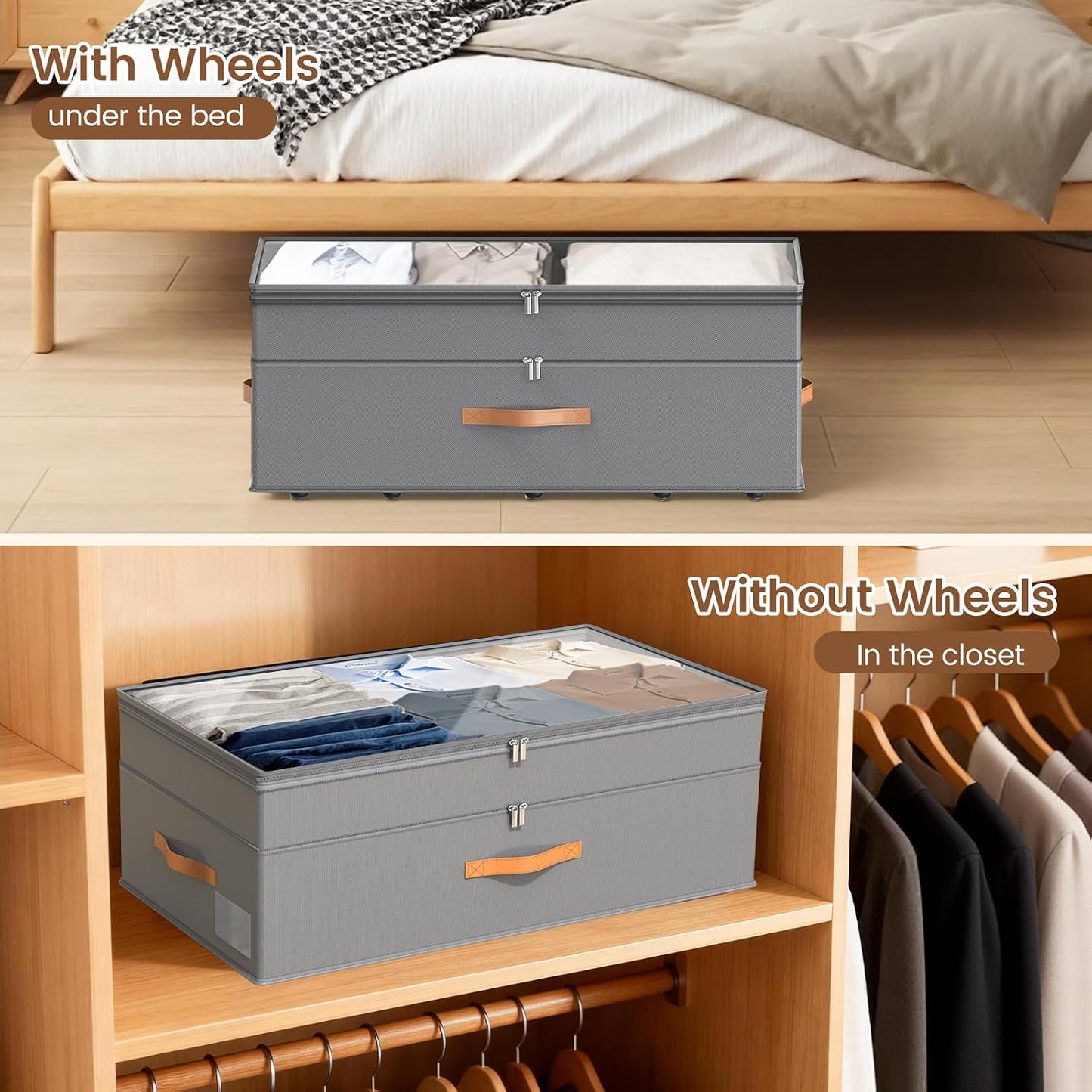 Under Bed Storage with Wheels, 2-Pack Underbed Storage Containers, No Assemble 11 inches 90L XXL Large Adjustable Storage Bins with Clear Lids, Rolling Storage for Clothes, Shoes, Blankets, Gray