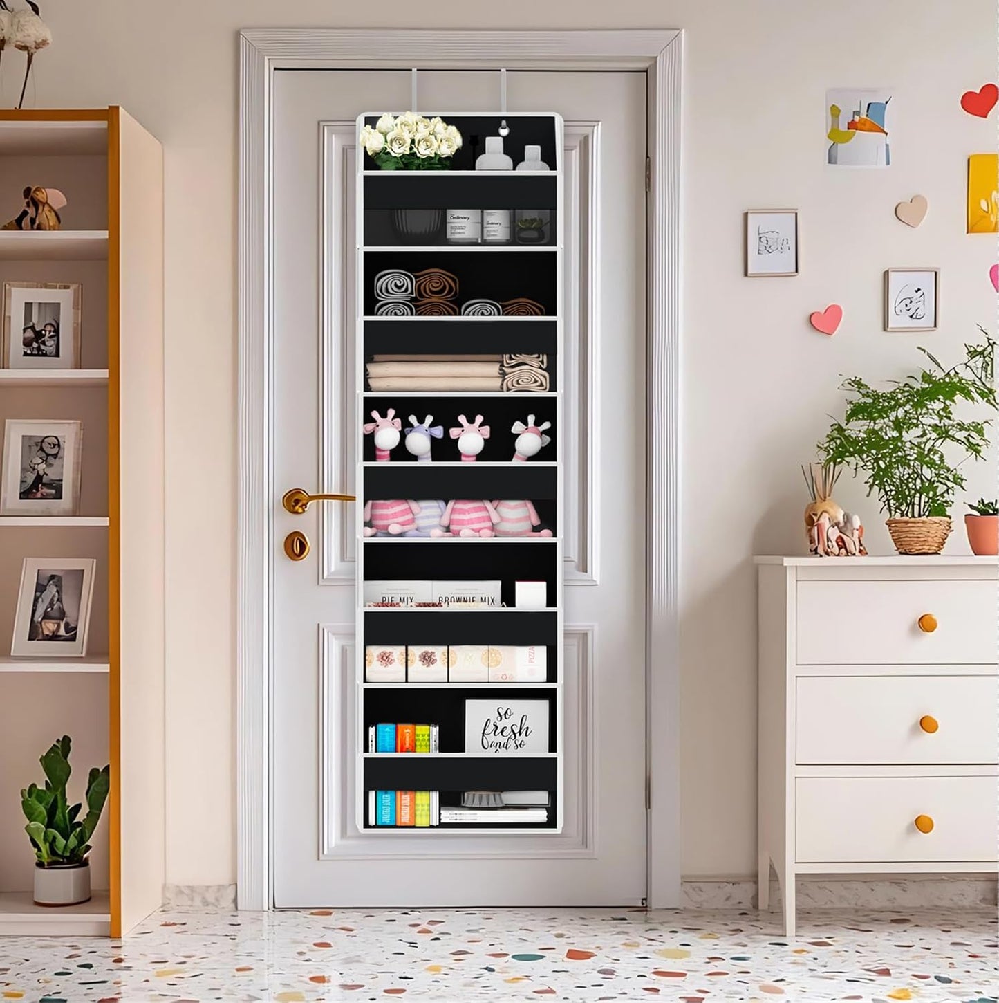 Over The Door Organizer - Over Door Storage Organizer with 5 Large Pockets & 10 Mesh Side Compartments - Heavy-Duty Hanging Storage for Bathroom, Bedroom & Closet - Baby Room Organize - Grey