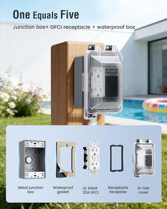 SURAIELEC 1-Gang Outdoor GFCI Outlet Kit with Weatherproof Cover and Junction Box, UL Listed in-Use Outlet Cover, 20 Amp TR WR ETL Listed GFCI Receptacle, Non-Metallic Extra-Duty Box, Grey, 1 Pack