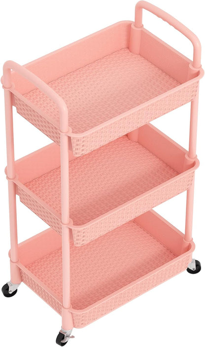 MOYIPIN 3-Tier Plastic Rolling Utility Cart with Handle,Utility Storage Cart for Office, Living Room, Kitchen,Movable Storage Organizer Shelves,White