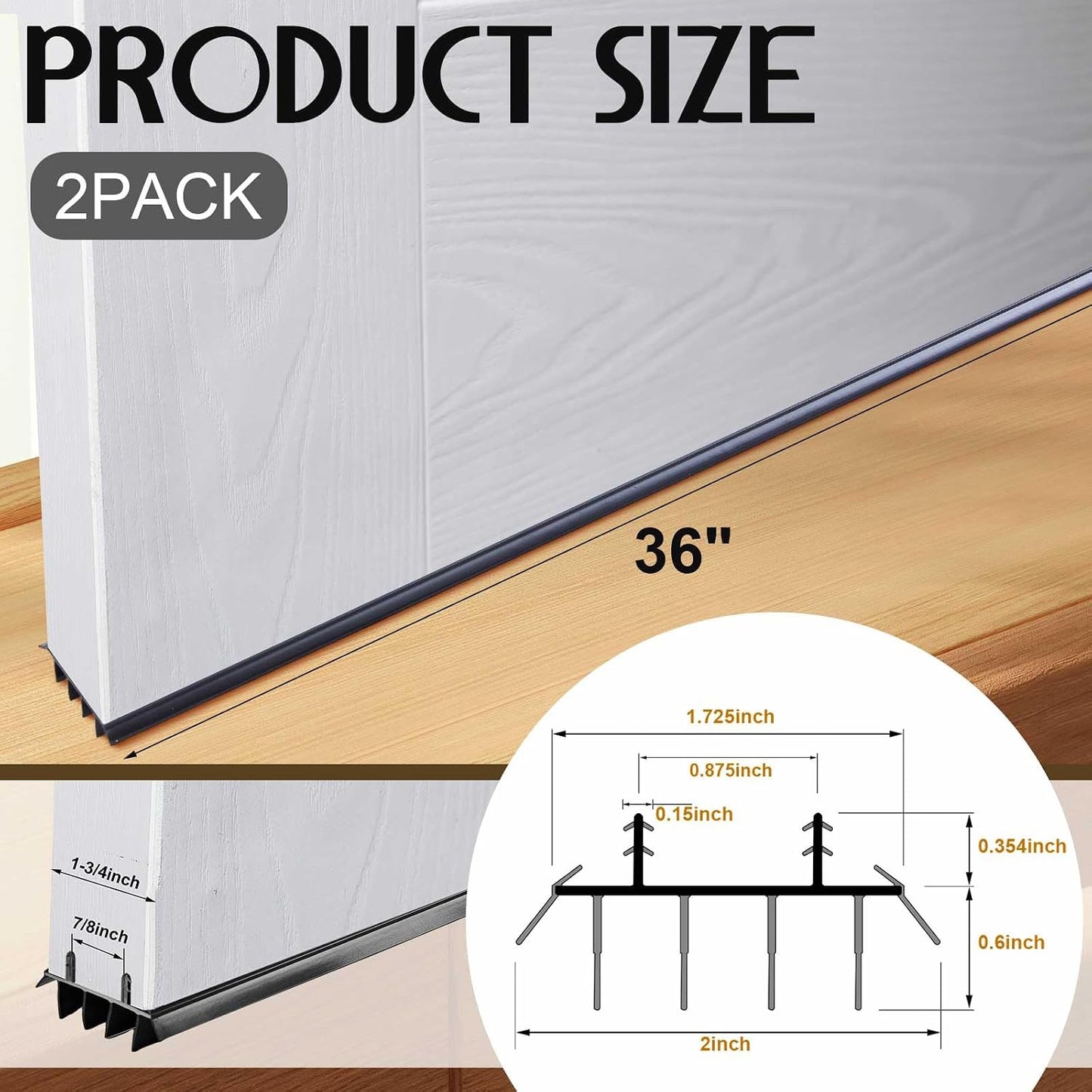 Pushglossy 2 Pcs Kerf Style Door Bottom 36" Long 1 3/4" Wide Replacement Threshold Seal with Vinyl Fins Weatherstrip Draft Stopper for Interior Exterior Doors(White)
