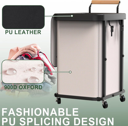 230L (60 Gal) Extra Large Fashion Laundry Sorter 3 Section with Lid, Rolling Laundry Basket Hamper with Handle, Laundry Organizer Storage Cart with Sturdy Metal Frame for Laundry Room, Hotel, White