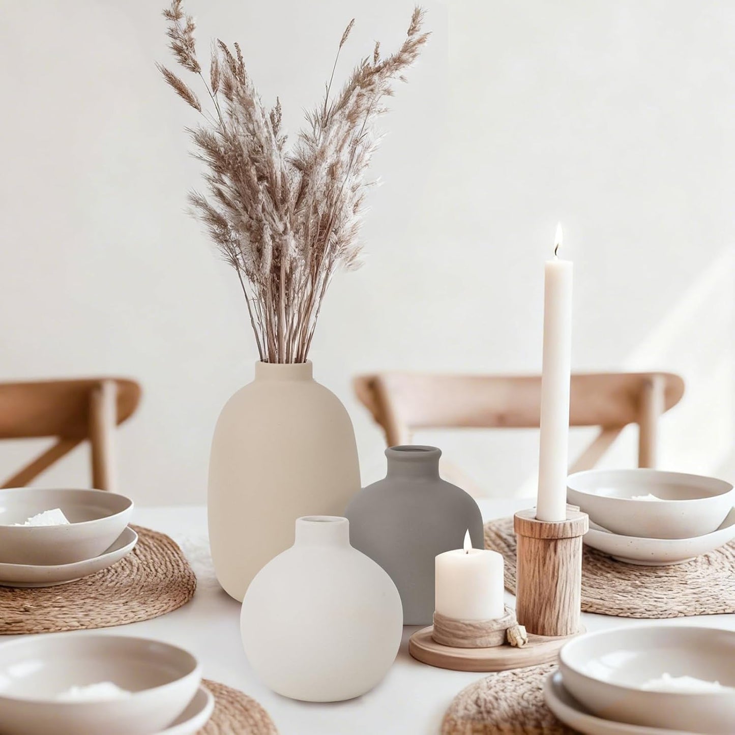 CUCUMI Ceramic Vase Set of 5, Home Decor Farmhouse Décor Handmade Pottery Vases for Pampas Grass, Dried Fresh Flowers, Table, Living Room, Kitchen, Shelf, Entryway Mantel Neutral Tones