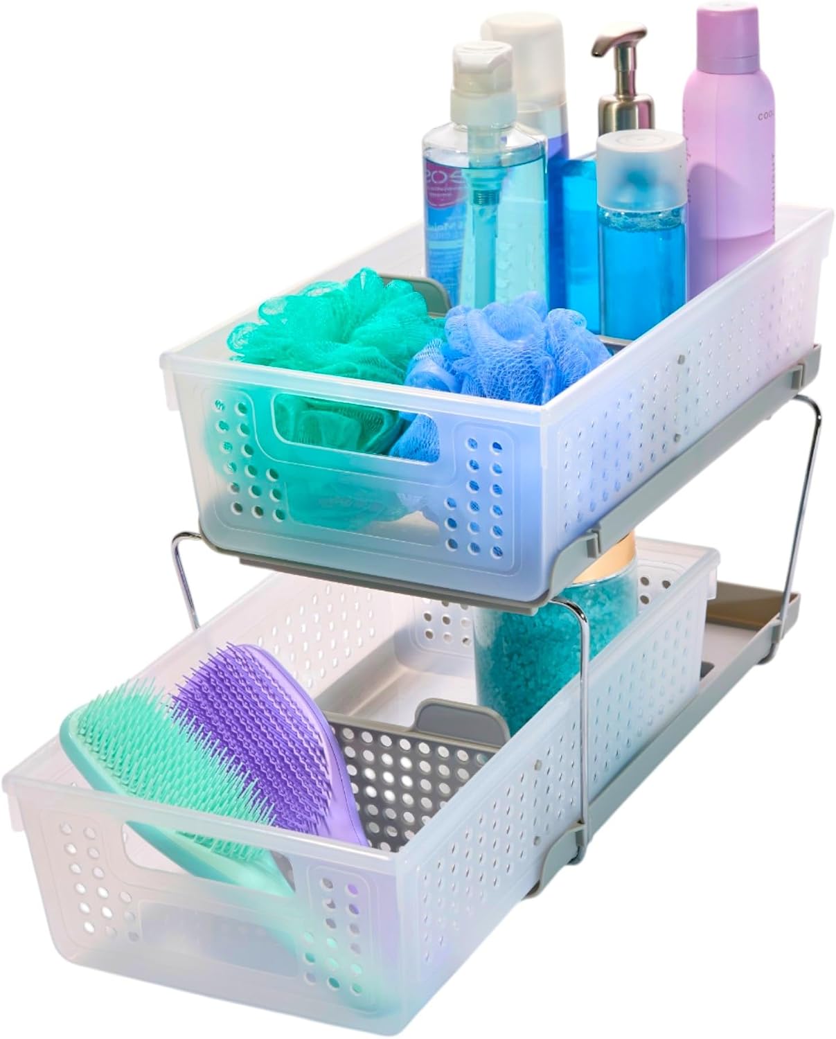 madesmart 2 Tier Bath Organizer,Undersink Storage with Sliding Drawers,for Cleaning Supplies, Pantry, Sponges,Bottles&Kitchen Essentials,Adjustable Dividers&Pull Out Sliding Baskets,Frost, (Pack of 2)