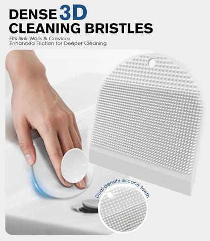 2 Pack Silicone Sink Cleaning Brush with Squeegee, Flexible Non-Scratch Dish Scrubber for Kitchen and Bathroom Sink, Countertop & Dishwashing, Suction Cup Hanging Design (Gray)