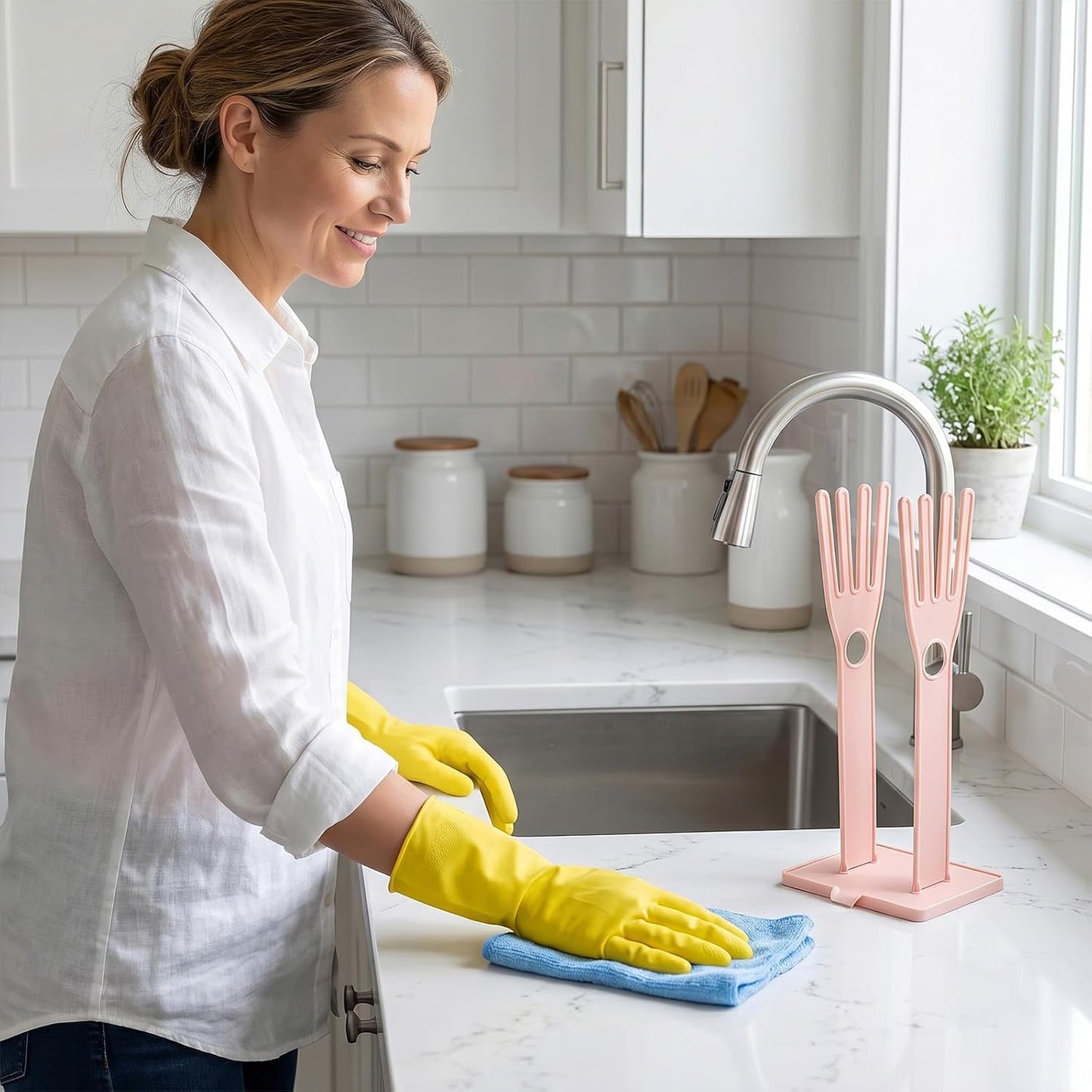 Kitchen Dish Glove Holder Reusable Plastic Dishwashing Gloves Drying Rack, Rubber Mitten Clothes Dryer Washing Sink Holders Stand Towel Hanger for Dish Gloves Rags Sponge Food Bag Organizer(Blue)