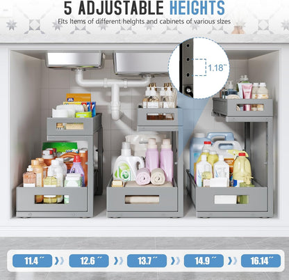 2-Pack Under Sink Storage Organizer, Large 2-Tier Elegant Mesh Pull Out Shelf for Kitchen and Bathroom Cabinet Organization, L-Shaped and Adjustable Height Design,Patent Pending-Black