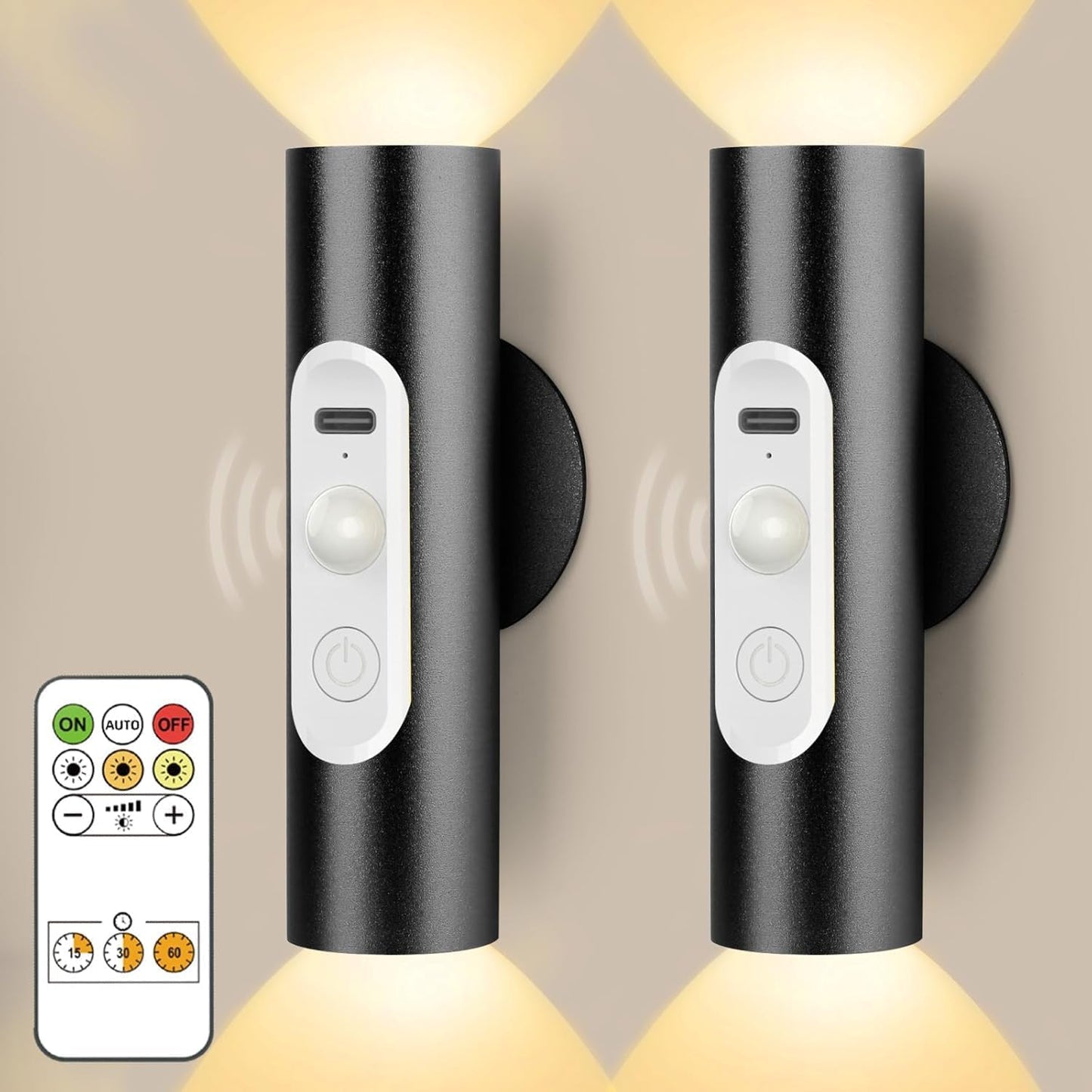 Battery Operated Wall Sconce Set of 2, Magnetic Stick on Wall Lights Rechargeable Motion Sensor Night Lights Indoor with Remote Control, Wireless Up and Down Wall Sconces, 3 Modes Dimmable, Aluminum