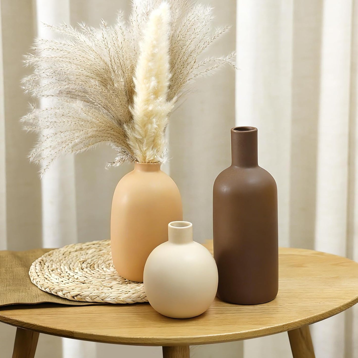 CUCUMI Ceramic Vase Set of 5, Home Decor Farmhouse Décor Handmade Pottery Vases for Pampas Grass, Dried Fresh Flowers, Table, Living Room, Kitchen, Shelf, Entryway Mantel Neutral Tones
