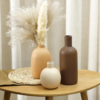 CUCUMI Ceramic Vase Set of 5, Home Decor Farmhouse Décor Handmade Pottery Vases for Pampas Grass, Dried Fresh Flowers, Table, Living Room, Kitchen, Shelf, Entryway Mantel Neutral Tones