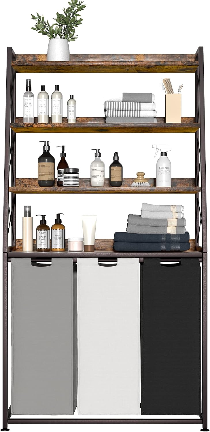 Herture Laundry Basket, 3 Section Laundry Hamper with 4 Tiers Shelf, Pull-Out and Removable Laundry Bags, Large 3 x 15.87 Gallons, for Laundry Room Bathroom Rustic Brown PF05XLN