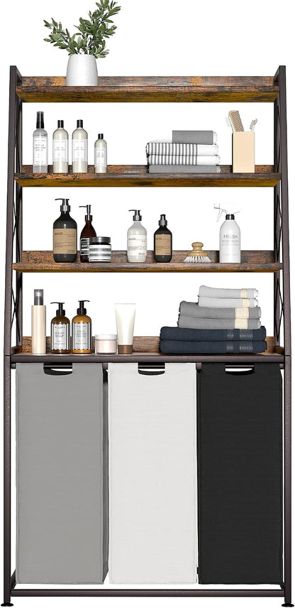 Herture Laundry Basket, 3 Section Laundry Hamper with 4 Tiers Shelf, Pull-Out and Removable Laundry Bags, Large 3 x 15.87 Gallons, for Laundry Room Bathroom Rustic Brown PF05XLN