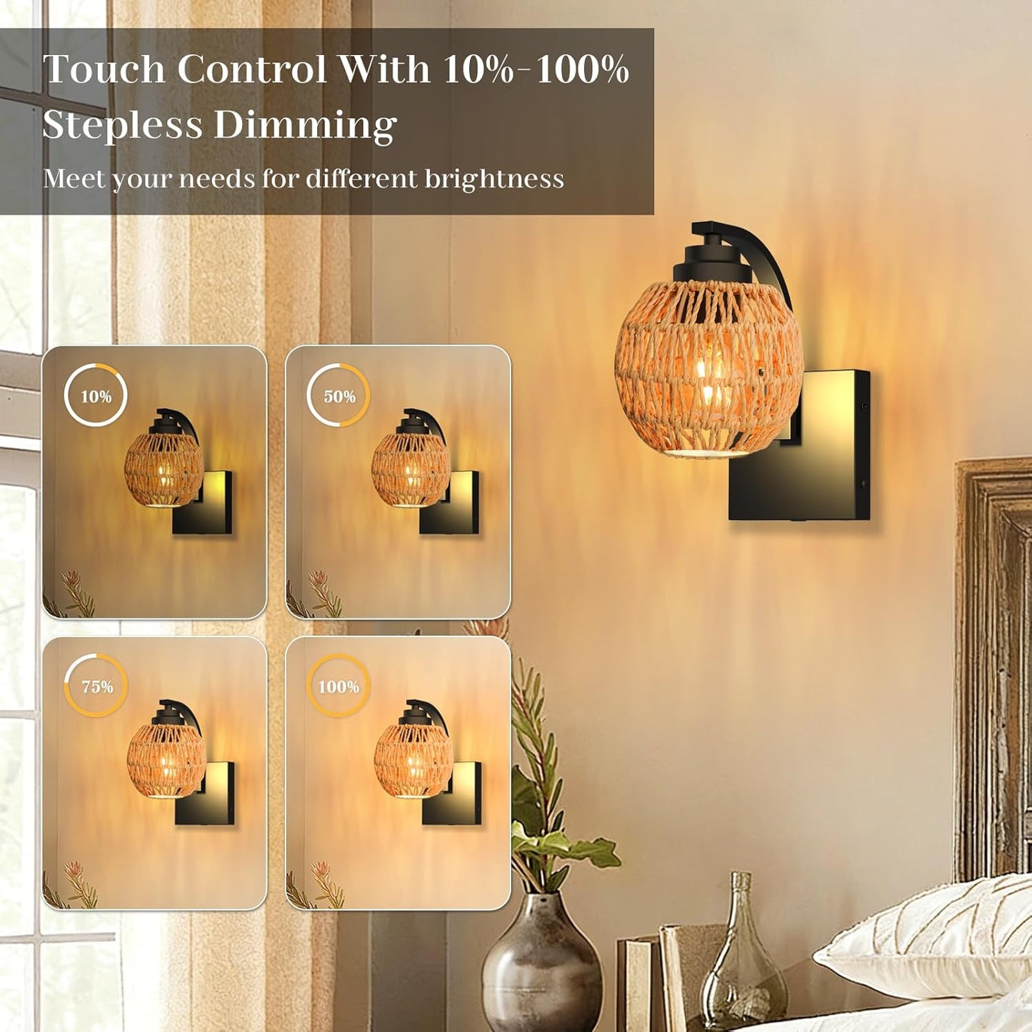 Battery Operated Wall Sconce Set of 2 with Remote Control, Rechargeable Wireless Led Glass Wall Lamp Indoor, Cordless Wall Light Fixtures Wall Mount for Bedroom Bathroom Hallway Farmhouse, Black