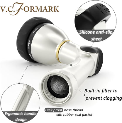 V.C Formark Garden Hose Nozzle, Heavy Duty Metal Water Hose Nozzle with 8 Adjustable Spray Patterns,Hose Sprayer with Thumb Control for Garden Watering, Car Washing, Pet Bathing & Window Cleaning