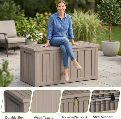 Waterproof Outdoor Storage Box Outside Deck Box Lockable Resin Bench UV Resistant Furniture Cushion Pool Tool Float Bin Patio Garden Porch (Black, 120 Gallon)