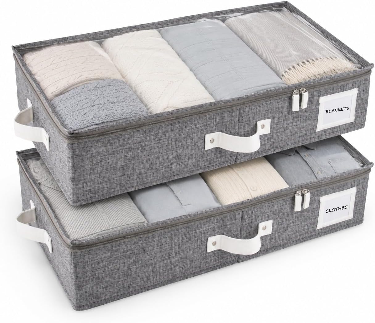 HOMELUX THEORY 2pc Low Profile Under Bed Storage Containers, Thin Under Couch Storage Organizer with Bins & Lids, Underbed Storage Box Ideal for Seasonal Clothes, Blankets, Fabric & Shoes (Ivory)