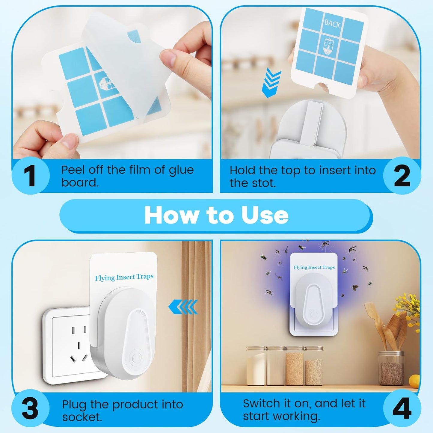 Indoor Fly Trap Plug-in Device, Fruit Fly and Gnat Trap with 2 Traps and 6 Sticky Refills, Flying Insect Catcher for Mosquitoes, Moths, and Household Flying Bugs (2, White)