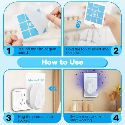 Indoor Fly Trap Plug-in Device, Fruit Fly and Gnat Trap with 2 Traps and 6 Sticky Refills, Flying Insect Catcher for Mosquitoes, Moths, and Household Flying Bugs (2, White)