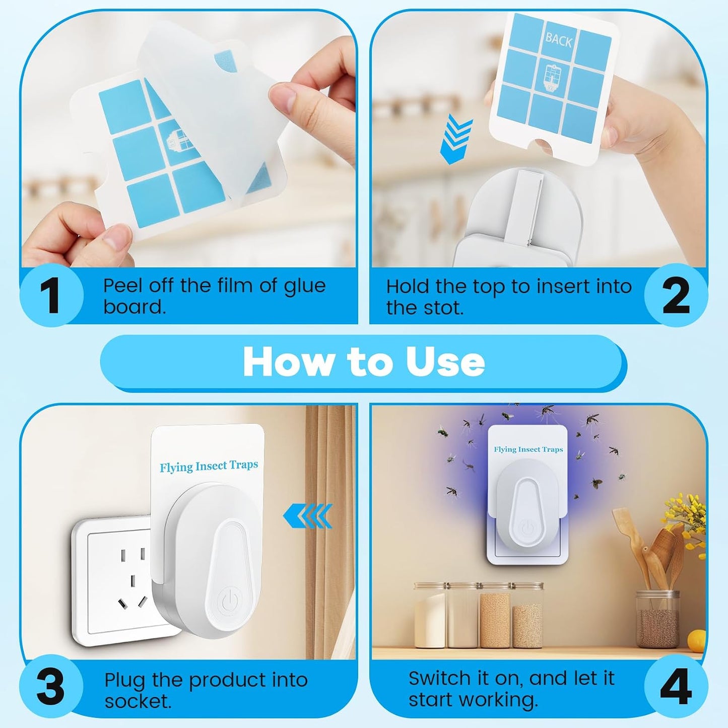 Flying Insect Trap Kit Indoor Fly Trap Fruit Fly and Gnat Trap w/ 2 Traps and 6 Sticky Refills Plug-in Device Bug Catcher for Mosquitoes, Moths, and etc