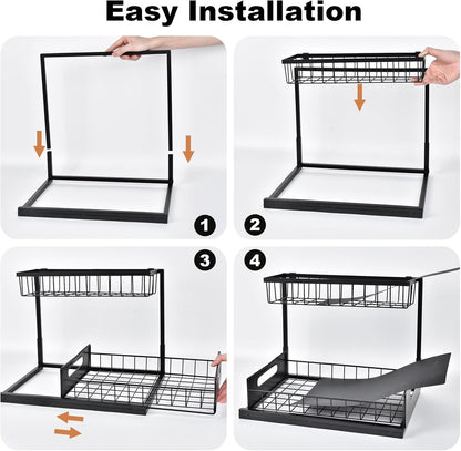 REALINN Under Sink Organizer, Pull Out Cabinet Organizer, 2 Tier Metal Slide Out Shelf with L Shaped Design for Kitchen, Bathroom, Laundry, and Utility Cabinet Storage for Deep Cabinets, White, 2 Pack