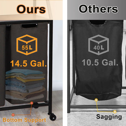 Timberer Laundry Hamper, Laundry Sorter 3 Section, Rolling Laundry Basket with Wheels, 2 Shelves, 3 × 14.5 Gal, Pull-Out and Removable Oxford Fabric Bags, for Laundry Room, Black and Rustic Brown