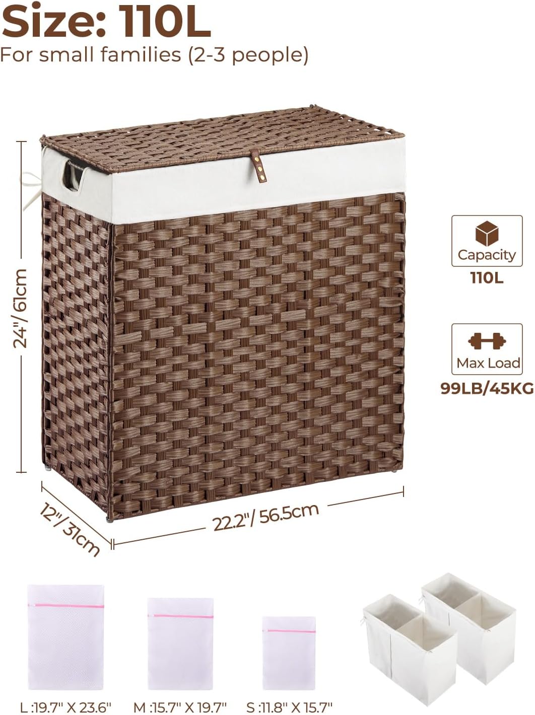 Greenstell Laundry Hamper with 2 Removable Liner Bags, Foldable Divided Clothes Hamper, 90L Handwoven Rattan Laundry Basket with Lid and Handles, No Assembly Needed, 18.3x13.3x24 Inches, Black