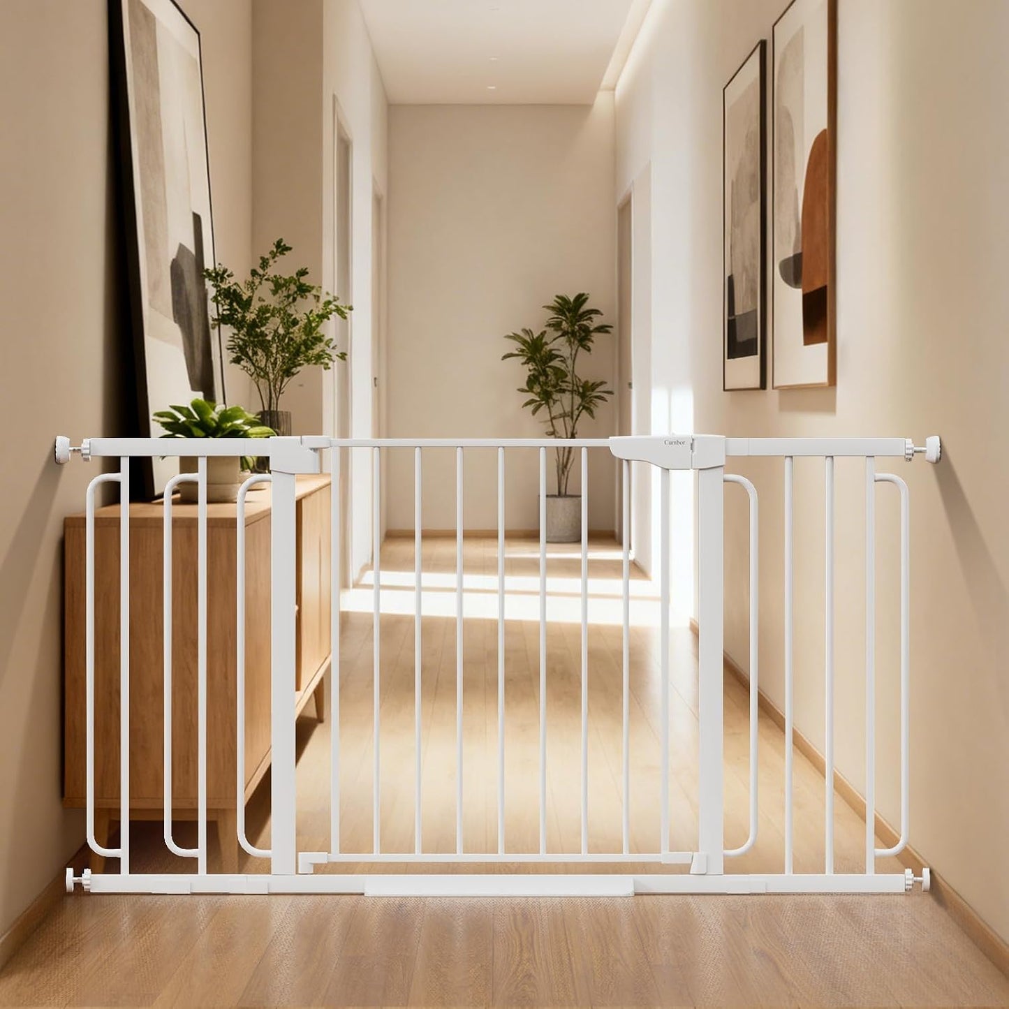 Cumbor 29.7-48" Baby Gate for Stairs, Mom's Choice Awards Winner-Dog Gate for Doorways, Auto Close Safety Pet Gate for Dogs Indoor, Easy Install Pressure Mounted Child Gate with Walk Thru Door, Brown