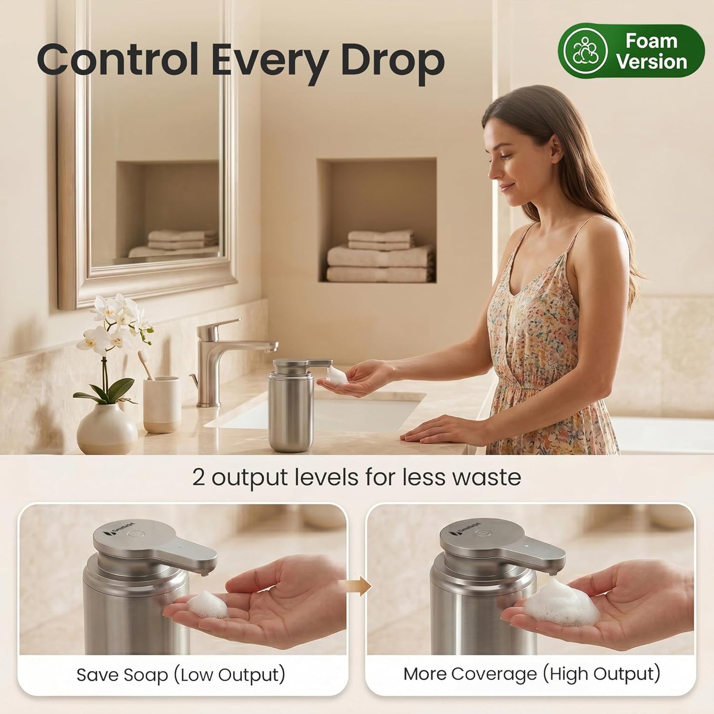 GentleJet WaveJet Automatic Foaming Soap Dispenser – Touchless Sensor, USB-C Rechargeable, 304 Stainless Steel, IPX5 Waterproof for Bathroom Kitchen Sink, 12 oz / 350 ml