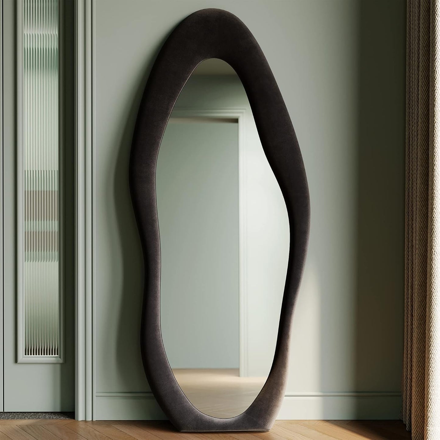 Honyee Full Length Mirror, 63" x 24" Wall Mirror, Flannel Wrapped Wooden Frame Floor Mirror, Irregular Wavy Mirror Hanging or Leaning Against Wall for Cloakroom/Bedroom/Living Room, Milk Tea