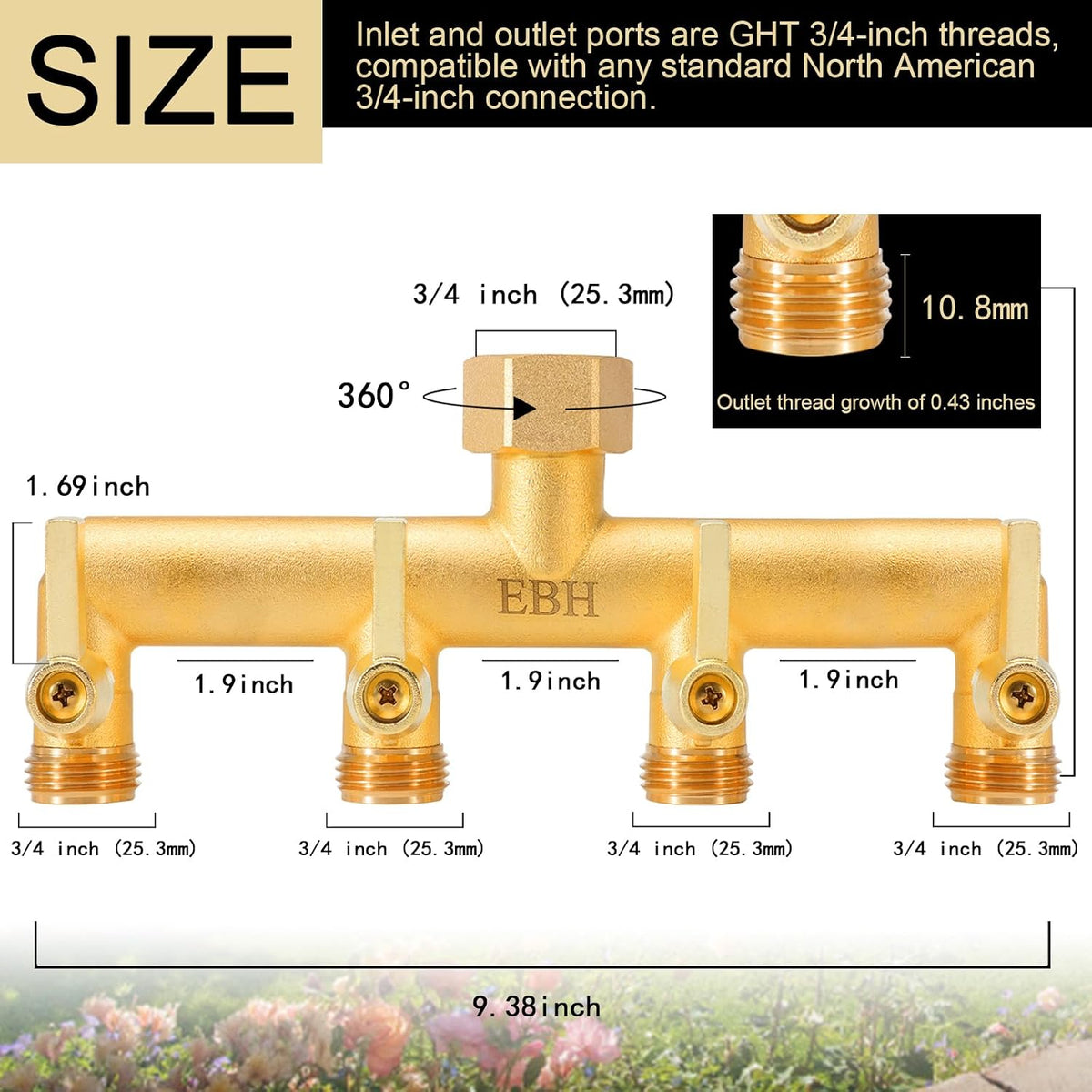 EBH Brass Garden Hose Splitter, 3 Way High Flow Outdoor Faucet Splitter,Full Flow 3-Way Brass Heavy Duty Hose Splitter With 3 Long Metal Handle and Individual On/Off Valve。