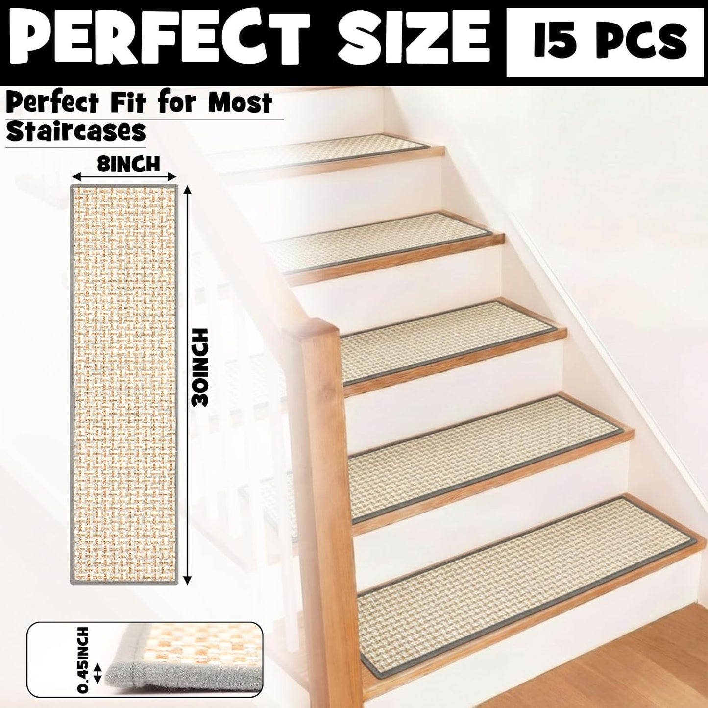 Dunzy 15 Pack Neutral Stair Treads for Wooden Step Self-adhesive Woven Stair Treads Indoor 8x30'' Non-slip Step Carpet Machine Washable Runner Safety Rug Mat for Carpet Elders Pets(Black Coffee Color)