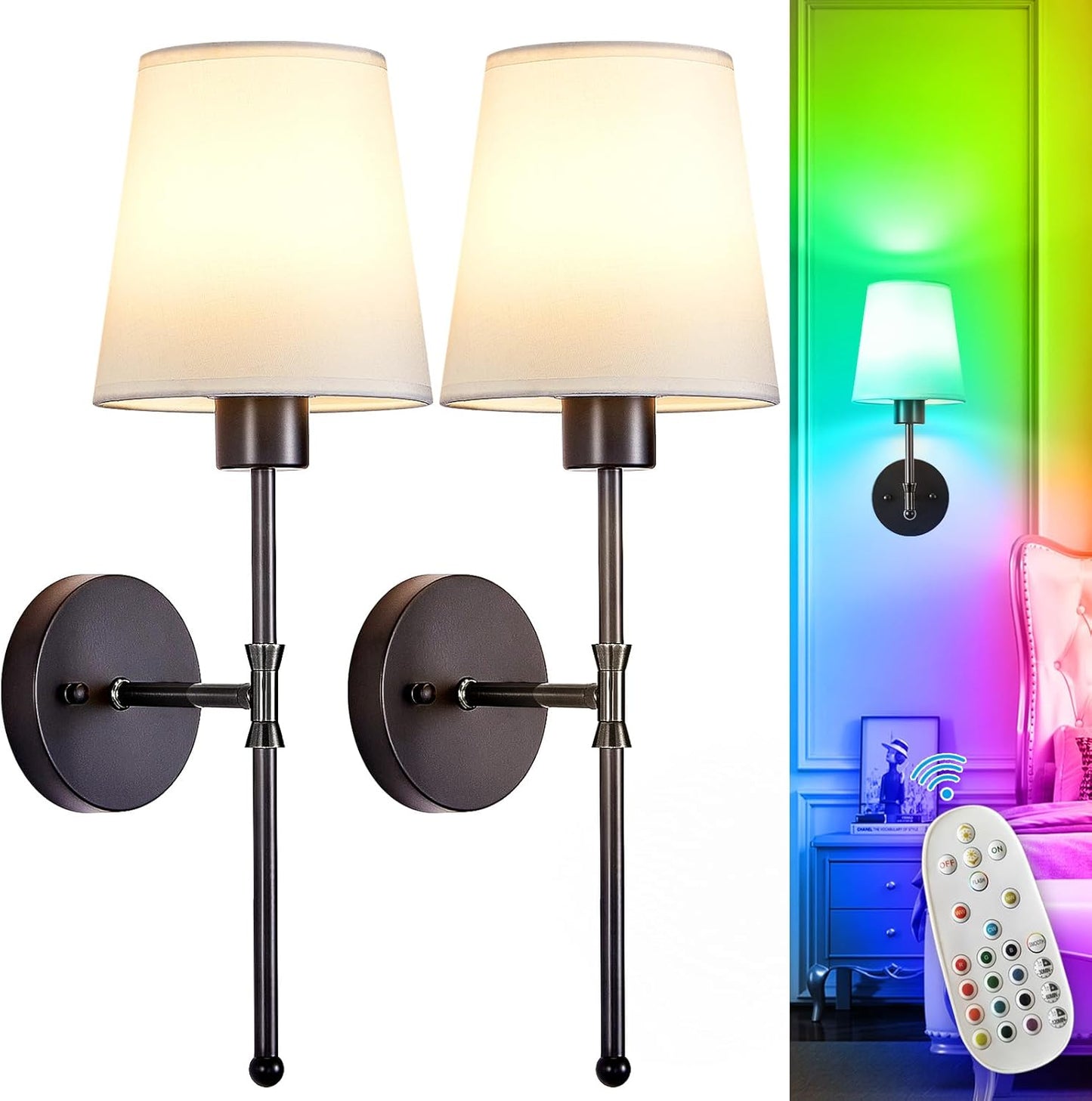 Depuley Battery Operated Wall Sconce: Set of 2 Wireless Wall Lights with 10000mAh Dimmable Bulbs and Remote for Bedroom - Rechargeable 15 Colors Gold Wall Lamp for Living Room Hallway