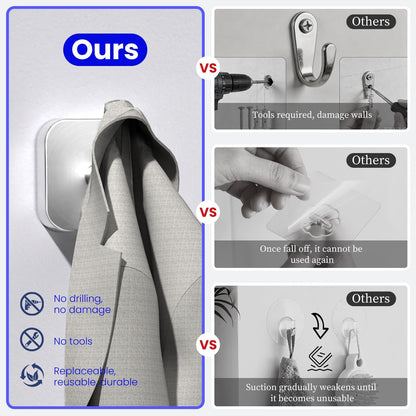Aikzik Silver Replaceable Adhesive Hooks Heavy Duty, Stainless Steel Towel Hooks for Bathrooms & Shower-Tiles, Glass Door, Wall Hooks for Walls No Damage, Towel Holder Sticky Hooks for Hanging- 2 Pack