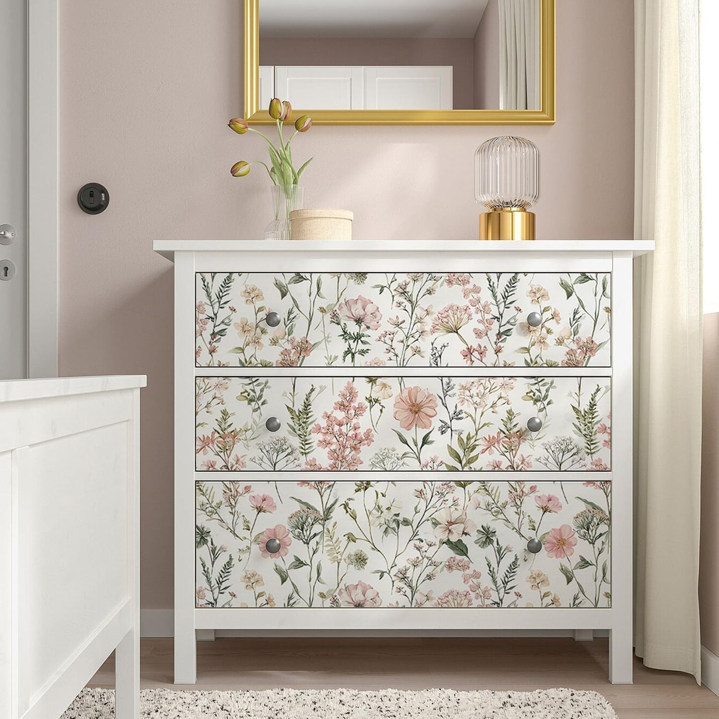 Orainege Pink Floral Peel and Stick Wallpaper Removable Self Adhesive Wallpaper 16.9inx118.1in Modern Wall Paper for Bedroom Bathroom Green Leaf Contact Paper for Cabinets