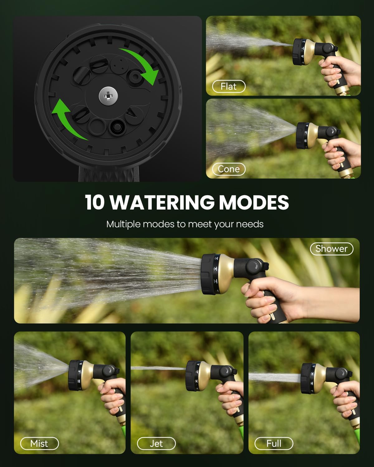 RAINPOINT Garden Hose Nozzle Heavy Duty - 100% Metal Thumb Control Spray Nozzles for Garden Hose High Pressure, 10 Patterns Water Hose Nozzle for Car Wash, Watering Lawn and Pets, Green