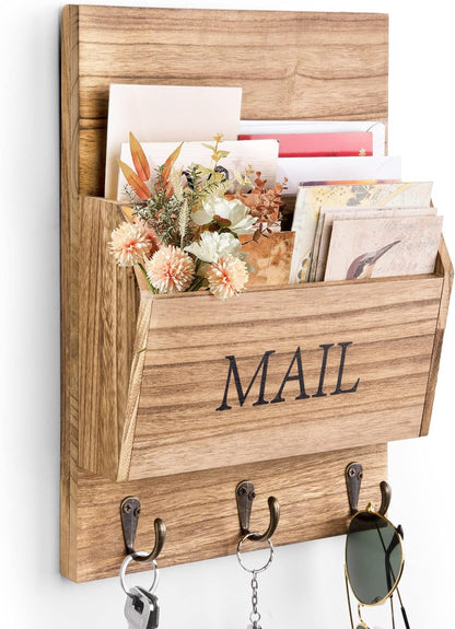DLQuarts Mail Organizer with Key Holder for Wall, Mail Sorter Wall Mounted, Decorative Wooden Key and Mail Holder with 3 Hooks, Black