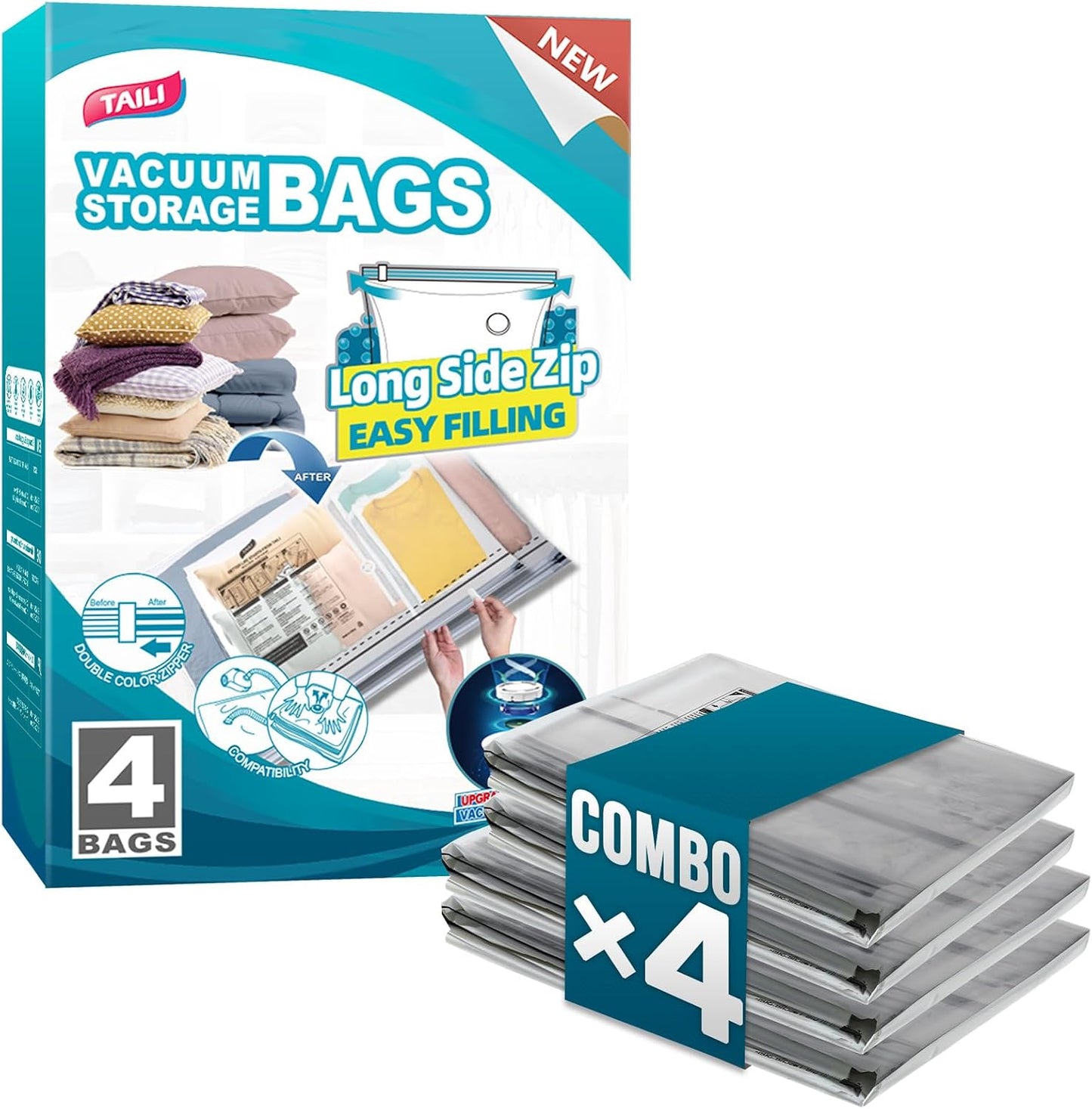 TAILI 8 Pack Jumbo Vacuum Storage Bags, 39x28 inch, LONG SIDE ZIP Vacuum Seal Bags for Clothing, Space Saver for Beddings, Comforters, Blankets, Pillows