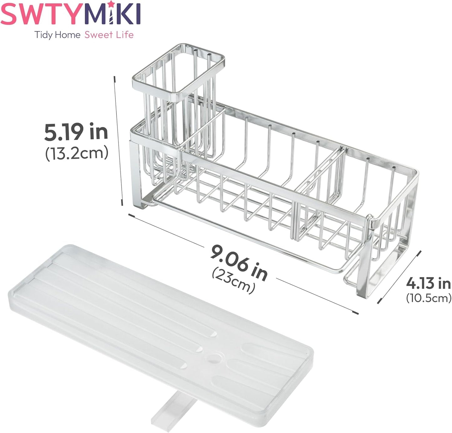 SWTYMIKI Sink Caddy Sponge Holder - Large Sponge Holder for Kitchen Sink with 360°Auto-Drain Tray, Rustproof Stainless Steel Kitchen Organizer Caddy for Countertop Organization