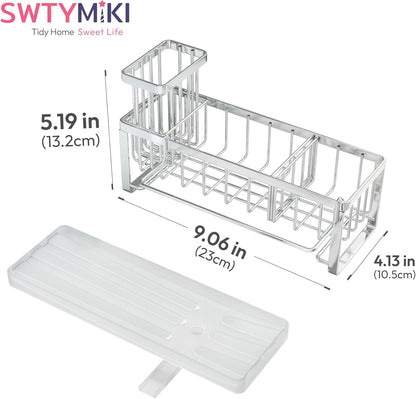 SWTYMIKI Sink Caddy Sponge Holder - Large Sponge Holder for Kitchen Sink with 360°Auto-Drain Tray, Rustproof Stainless Steel Kitchen Organizer Caddy for Countertop Organization