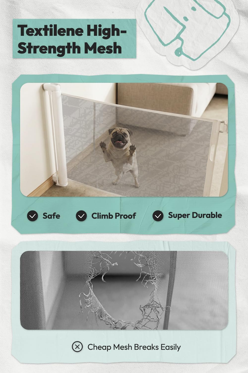 15.7" H Mesh Short Dog Gate, Extends Up to 59" W Retractable Pet Gate with Drill Installation, Small Dog Gate for Stairs, Easy Step Over Low Puppy Gate for Doorways Indoor Outdoor, White