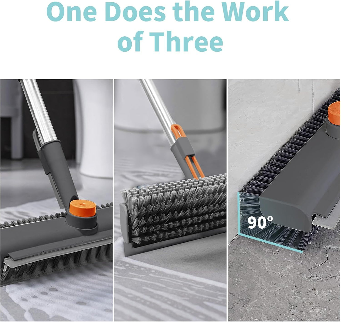 Floor Scrub Brush with Long Handle, 3 in 1 Scrape and Heavy-Duty Stiff Bristle Scrubber Brush Broom for Cleaning Shower Bathroom, Patio, Pool, Garage, Kitchen, Wall and Deck (White, 1 Pack)