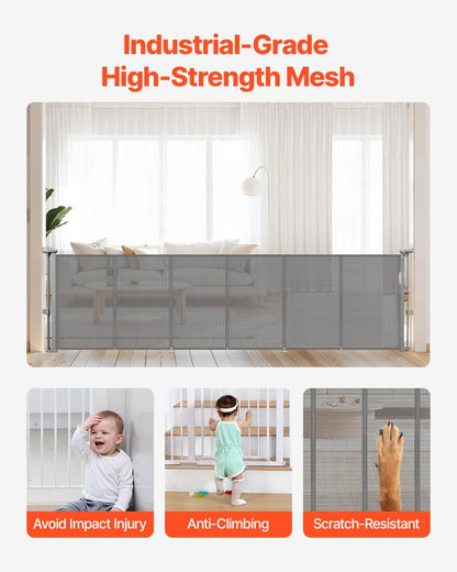 VEVOR Retractable Baby Gate, 34 inch Tall, Extends up to 71 inch Wide, Retractable Gate for Kids or Pets, Mesh Material, Easy to Install for Indoor Stairs, Doorways, Hallways, Playrooms, Gray