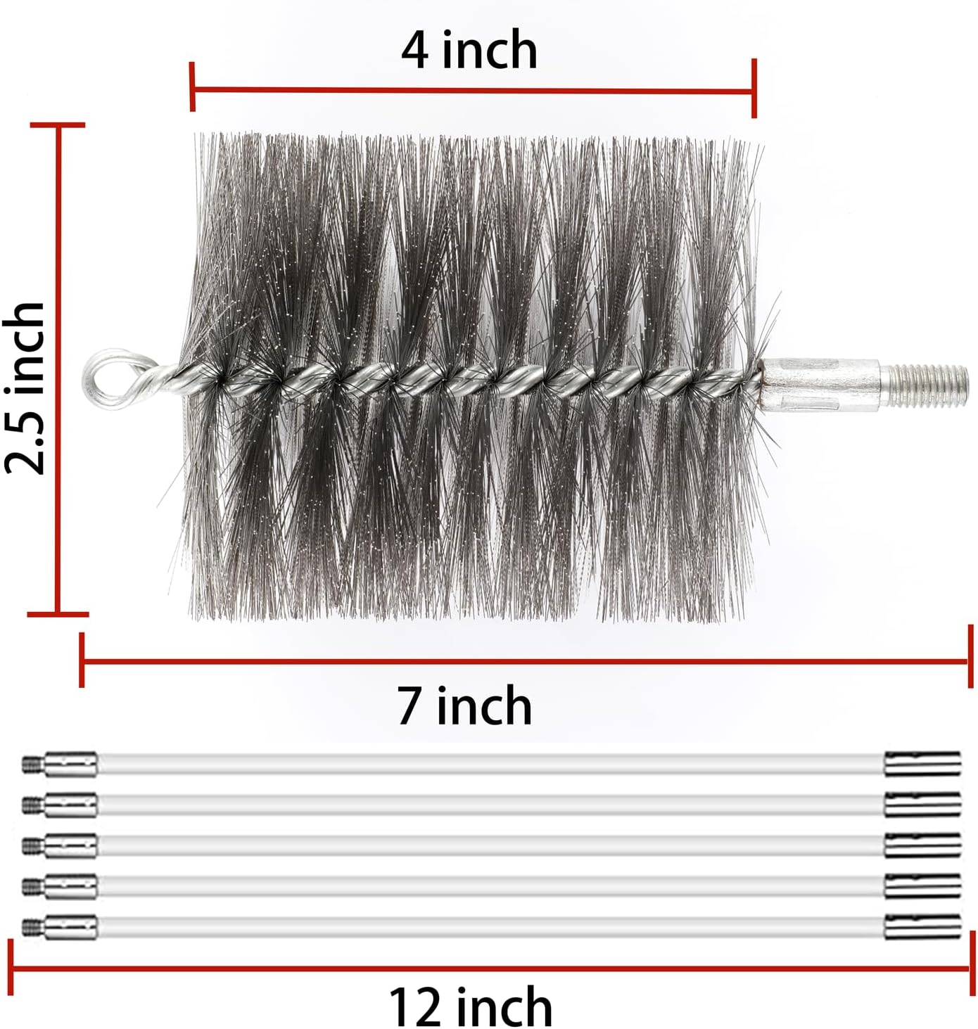 50-inch Long Tent Wood Burning Stove Pipe Cleaning Brush with Stainless Steel Bristles, and Chimney Cleaning Wire Brush with 4 Flexible Rods, 2.5'' Brush Heads