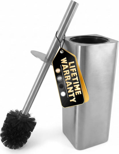 Black Toilet Brush and Holder Set - Slim Matte Design that Fits Anywhere - Stainless Steel Toilet Bowl Brush and Holder with 2 Rounded Corners, Replaceable Head, Removable Inner Bowl & Splash Guard