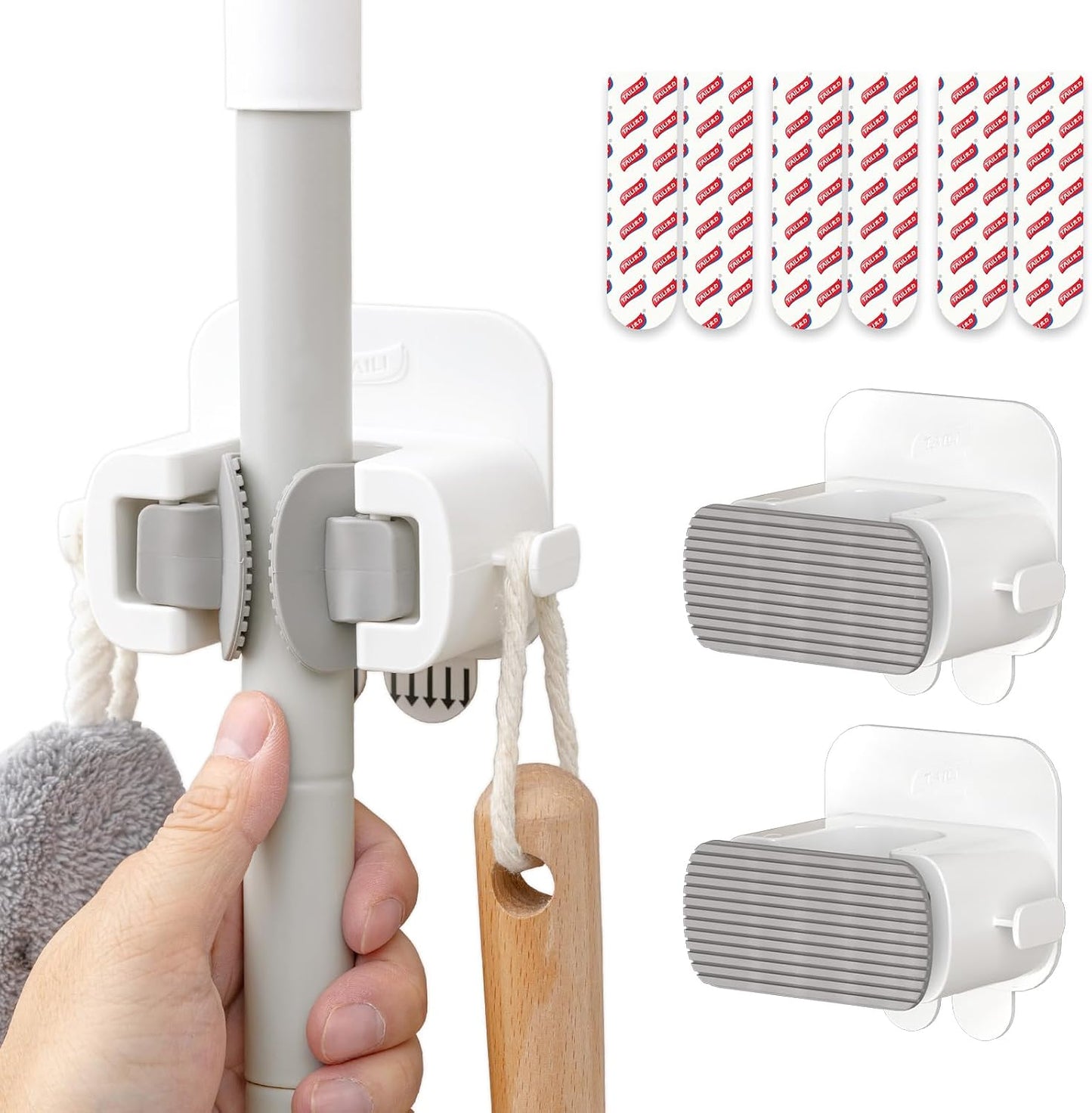 TAILI Mop and Broom Holder Wall Mount Grippers, 2 Hangers and 6 Adhesive Strips, Damage Free Hanging Wall Mount, Household Cleaning Organizer for Organization and Storage, Holds up to 4 lbs, White
