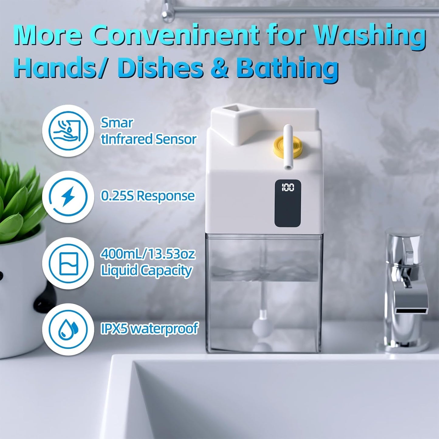 Automatic Foaming Soap Dispenser Touchless, USB Rechargeable Smart Hand Dish Soap Dispenser for Bathroom Kitchen Sink, Hands-Free, 3-Level Adjustable, 13.5oz/400mL