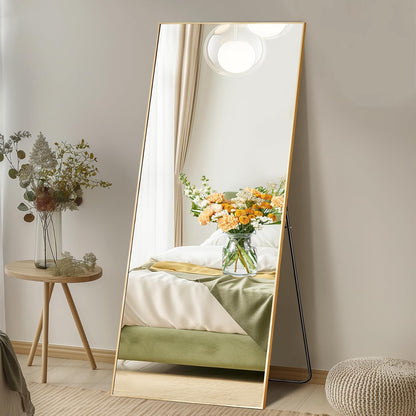 DUMOS 64"x21" Arched Full Length Floor Mirror, Full Body Mirror with Stand, Shatterproof Tempered Glass, Modern Aluminum Alloy Frame, Free Standing or Leaning for Home Decor, Gold